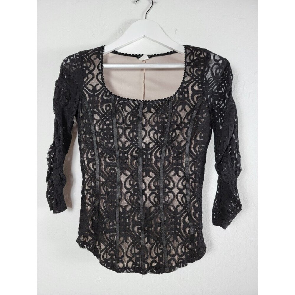 Venus Women's Small Black Ribbon Lace Top Blouse Scoop Neck 3/4 Sleeve Lined